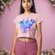 Beauty in Bloom Tee Chic Rose & Butterfly Design PodLyft Baby Pink Extra Small – A delicate baby pink crop top featuring an intricate butterfly and blooming rose design, symbolizing grace and feminine charm. Perfect for a soft, elegant look.