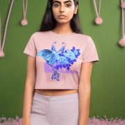 Beauty in Bloom Tee Chic Rose & Butterfly Design PodLyft Baby Pink Medium – Elegant baby pink crop top adorned with a butterfly and rose motif. Perfect for expressing femininity and artistic flair in your wardrobe.