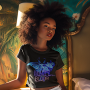 Extra Large black Beauty in Bloom Tee adorned with a graceful butterfly and blooming roses, ideal for showcasing elegance and transformation.