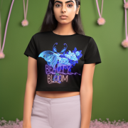 Medium-size black Beauty in Bloom Tee with a vibrant blue butterfly and blooming rose design, blending nature and artistic charm.