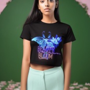 Black Beauty in Bloom Tee in Small size with a captivating butterfly and rose artwork, showcasing femininity and sophistication.
