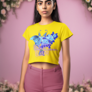 Beauty in Bloom Tee Chic Rose & Butterfly Design PodLyft Golden Yellow Extra Small – A vibrant golden yellow crop top featuring a captivating butterfly and rose design, symbolizing beauty and transformation. Perfect for women who love chic, unique fashion.