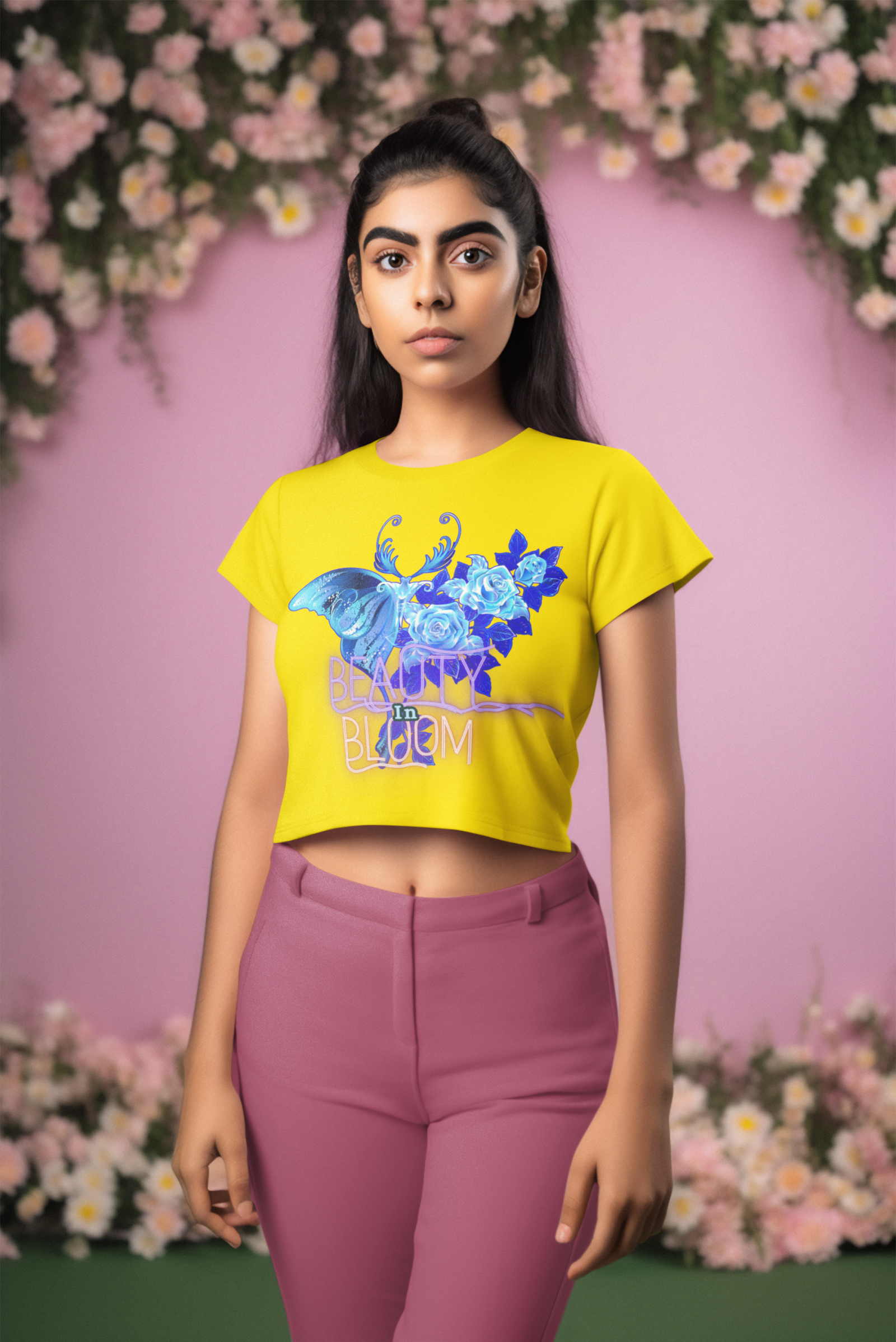 Beauty in Bloom Tee Chic Rose & Butterfly Design PodLyft Golden Yellow Extra Small – A vibrant golden yellow crop top featuring a captivating butterfly and rose design, symbolizing beauty and transformation. Perfect for women who love chic, unique fashion.