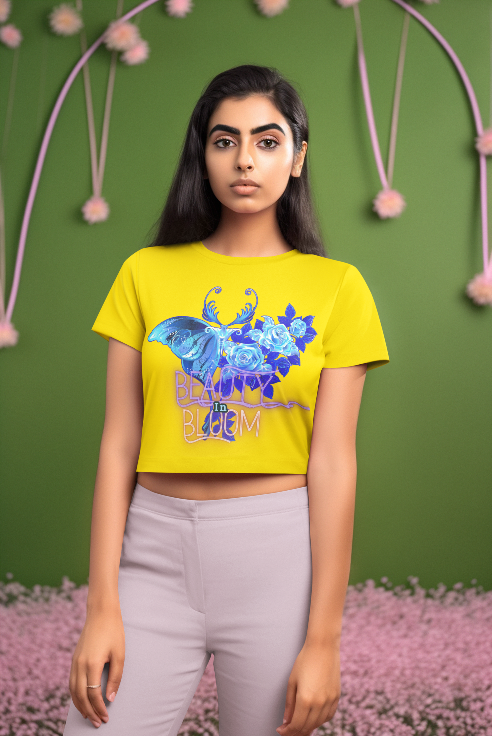 Beauty in Bloom Tee Chic Rose & Butterfly Design PodLyft Golden Yellow Medium – Elegant golden yellow crop top adorned with intricate butterfly and rose artwork. Represents growth and sophistication, making it a standout wardrobe piece.