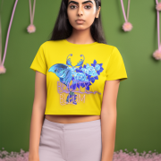 Beauty in Bloom Tee Chic Rose & Butterfly Design PodLyft Golden Yellow Medium – Elegant golden yellow crop top adorned with intricate butterfly and rose artwork. Represents growth and sophistication, making it a standout wardrobe piece.