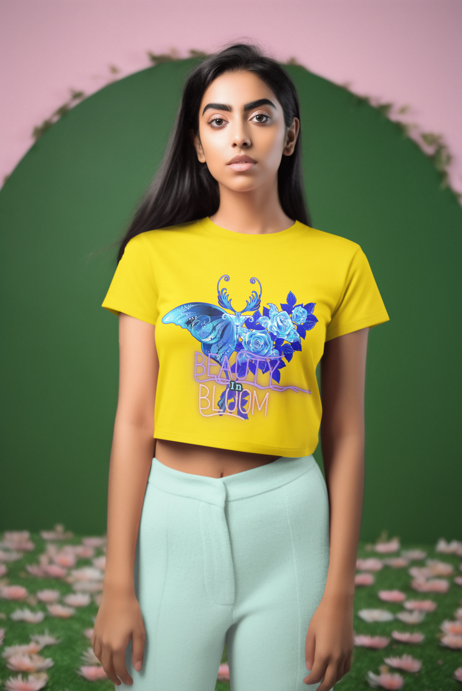 Beauty in Bloom Tee Chic Rose & Butterfly Design PodLyft Golden Yellow Small – Stylish golden yellow crop top with a detailed butterfly and blooming rose motif, showcasing elegance and femininity. Ideal for casual and trendy looks.