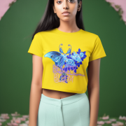 Beauty in Bloom Tee Chic Rose & Butterfly Design PodLyft Golden Yellow Small – Stylish golden yellow crop top with a detailed butterfly and blooming rose motif, showcasing elegance and femininity. Ideal for casual and trendy looks.