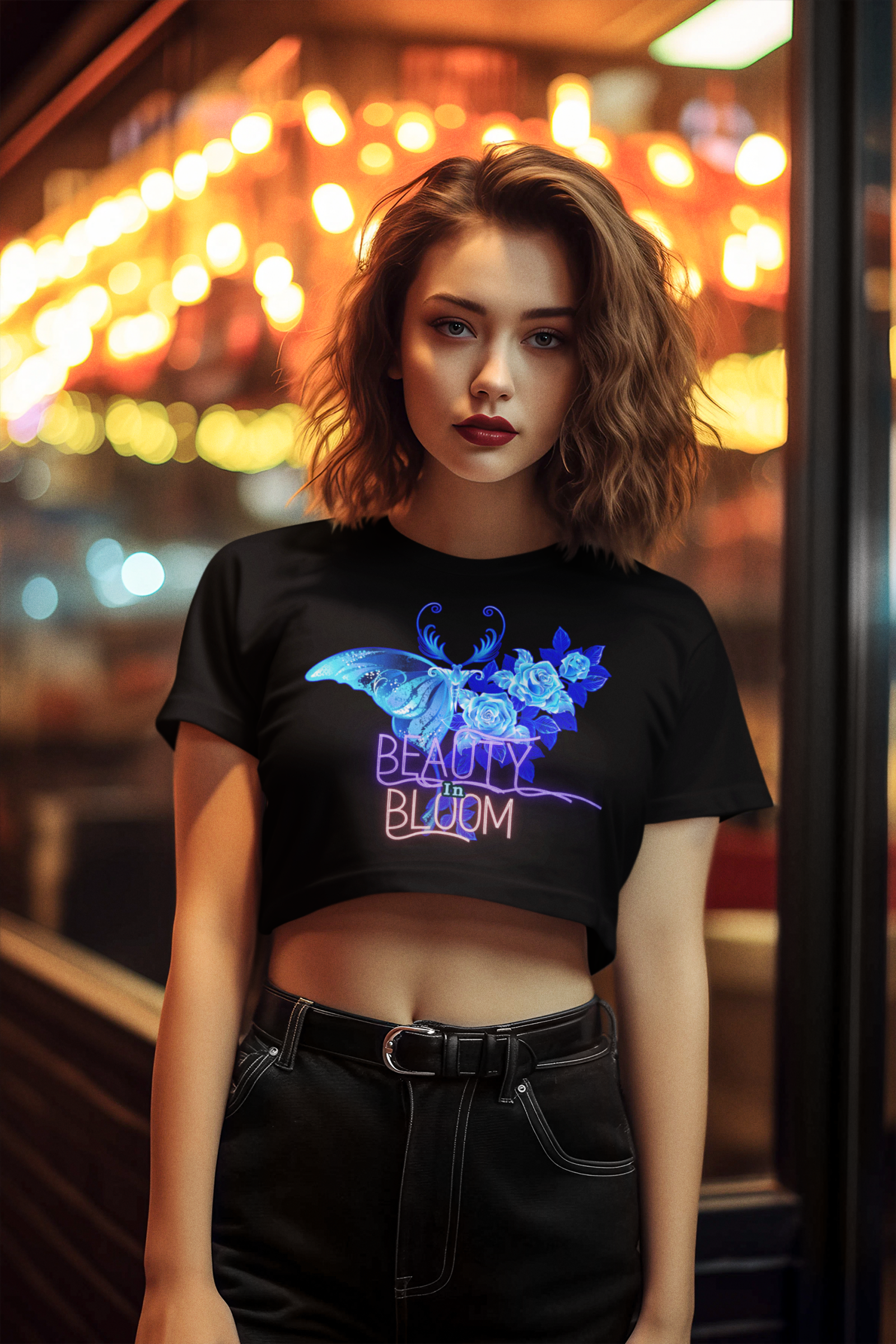 Beauty in Bloom Tee - Chic Rose & Butterfly Design by PodLyft, featuring a stunning neon-inspired butterfly and rose print on a black crop top, modeled by a confident woman in a vibrant city night setting.