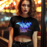 Beauty in Bloom Tee - Chic Rose & Butterfly Design by PodLyft, featuring a stunning neon-inspired butterfly and rose print on a black crop top, modeled by a confident woman in a vibrant city night setting.