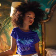 Beauty in Bloom Tee Chic Rose & Butterfly Design PodLyft Navy Blue Extra Large – A fashionable navy blue crop top with artistic butterfly and floral elements, designed for women who embrace meaningful and stylish fashion.