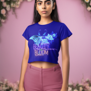 Beauty in Bloom Tee Chic Rose & Butterfly Design PodLyft Navy Blue Extra Small – A sophisticated navy blue crop top featuring a stunning butterfly and blooming rose design, symbolizing elegance and transformation.