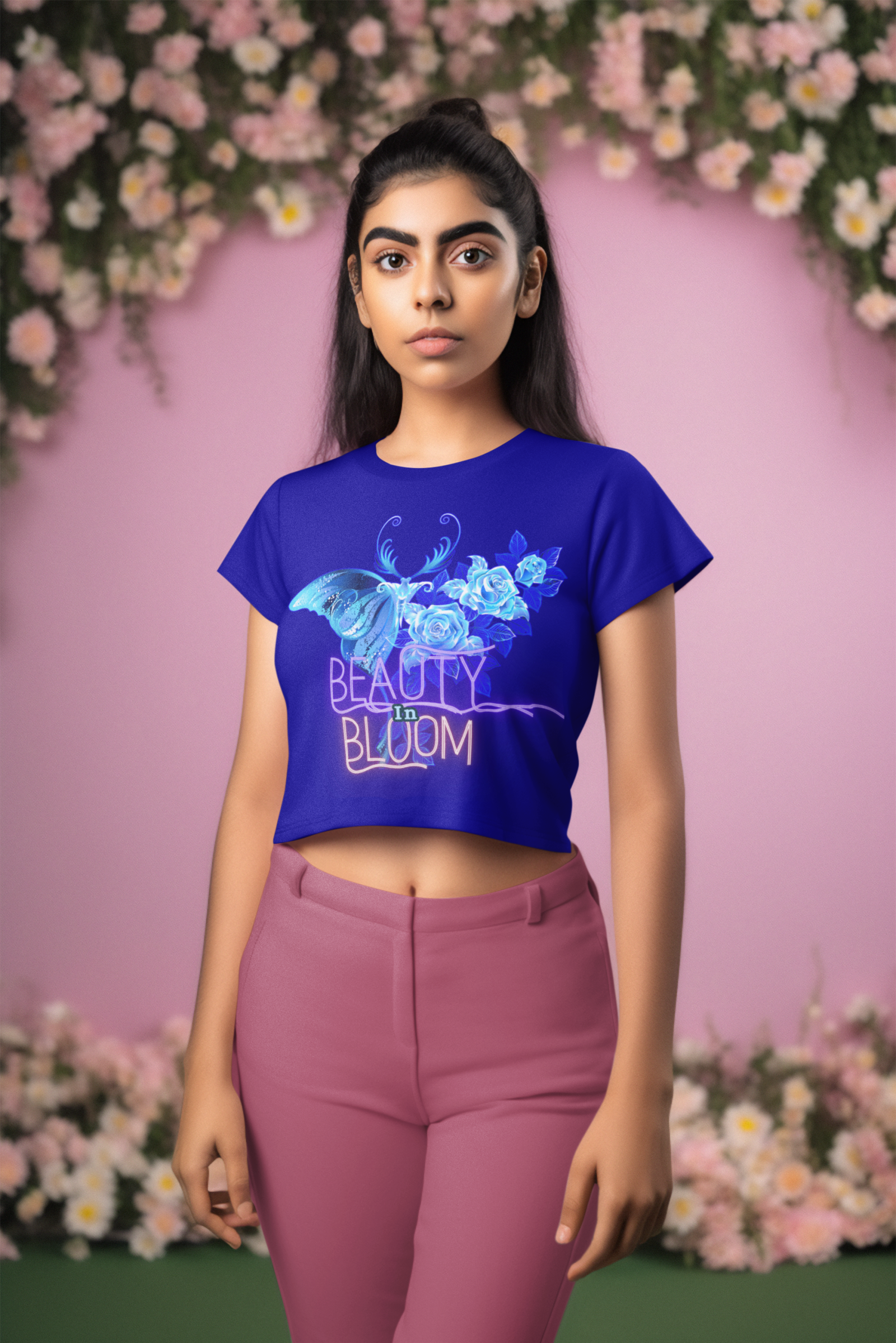 Beauty in Bloom Tee Chic Rose & Butterfly Design PodLyft Navy Blue Extra Small – A sophisticated navy blue crop top featuring a stunning butterfly and blooming rose design, symbolizing elegance and transformation.
