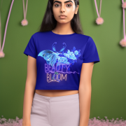 Beauty in Bloom Tee Chic Rose & Butterfly Design PodLyft Navy Blue Medium – Stylish navy blue crop top adorned with a captivating butterfly and blooming rose motif, ideal for showcasing artistic charm.