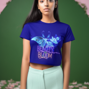 Beauty in Bloom Tee Chic Rose & Butterfly Design PodLyft Navy Blue Small – Elegant navy blue crop top with intricate butterfly and floral details, perfect for making a bold yet graceful statement.
