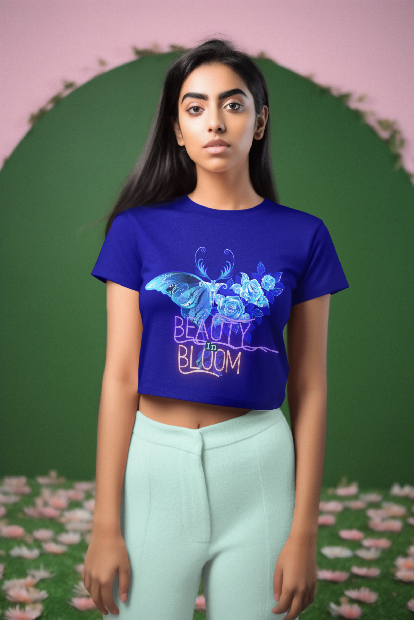Beauty in Bloom Tee Chic Rose & Butterfly Design PodLyft Navy Blue Small – Elegant navy blue crop top with intricate butterfly and floral details, perfect for making a bold yet graceful statement.