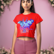 Beauty in Bloom Tee Chic Rose & Butterfly Design PodLyft Red Extra Small – A vibrant red crop top featuring an intricate butterfly and blooming rose design, exuding elegance and transformation.