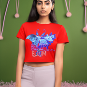 Beauty in Bloom Tee Chic Rose & Butterfly Design PodLyft Red Medium – Stylish red crop top adorned with a stunning butterfly and blooming rose design, blending charm and individuality.