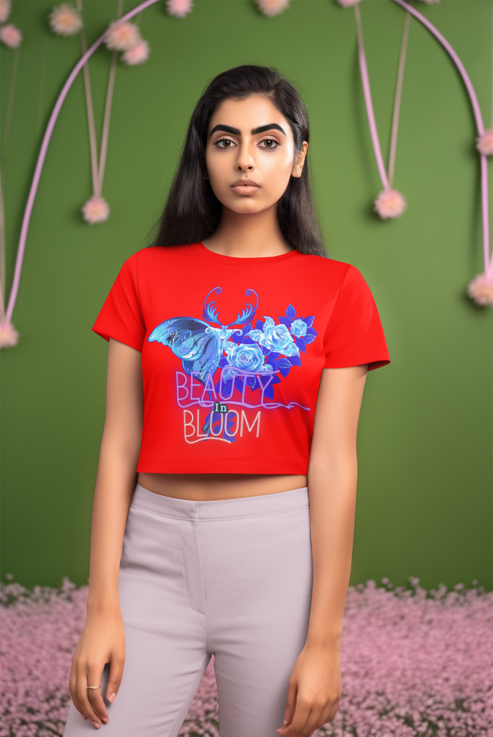 Beauty in Bloom Tee Chic Rose & Butterfly Design PodLyft Red Medium – Stylish red crop top adorned with a stunning butterfly and blooming rose design, blending charm and individuality.