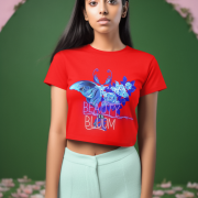 Beauty in Bloom Tee Chic Rose & Butterfly Design PodLyft Red Small – Bold red crop top with a graceful butterfly and floral motif, perfect for showcasing sophistication and artistic flair.