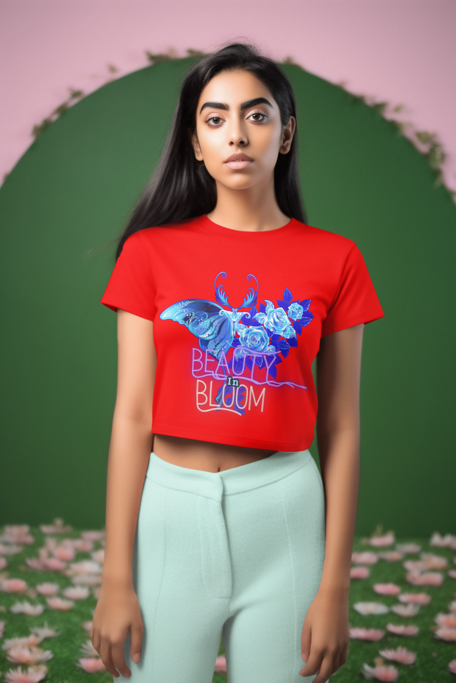Beauty in Bloom Tee Chic Rose & Butterfly Design PodLyft Red Small – Bold red crop top with a graceful butterfly and floral motif, perfect for showcasing sophistication and artistic flair.