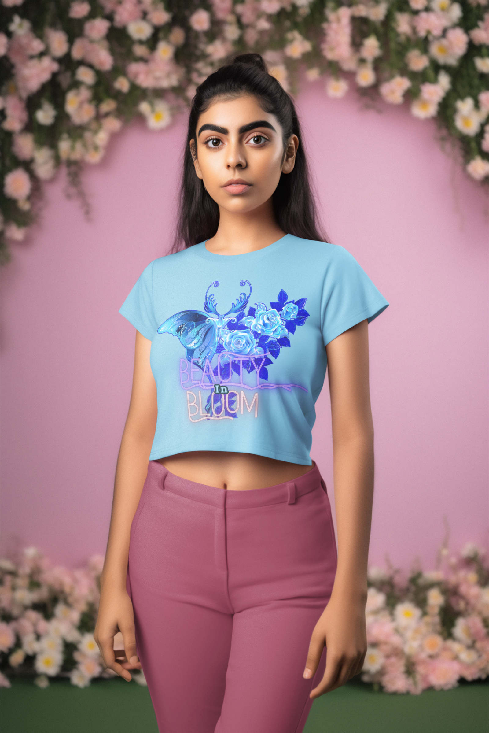 Beauty in Bloom Tee Chic Rose & Butterfly Design PodLyft SkyBlue Extra Small – A soft sky blue crop top featuring a stunning butterfly and rose design, symbolizing elegance and transformation. Perfect for a chic, feminine look.