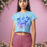 Beauty in Bloom Tee Chic Rose & Butterfly Design PodLyft SkyBlue Extra Small – A soft sky blue crop top featuring a stunning butterfly and rose design, symbolizing elegance and transformation. Perfect for a chic, feminine look.