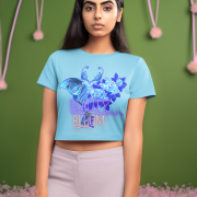 Beauty in Bloom Tee Chic Rose & Butterfly Design PodLyft SkyBlue Medium – Elegant sky blue crop top adorned with a detailed butterfly and floral motif. Represents growth, beauty, and style, perfect for modern fashion.