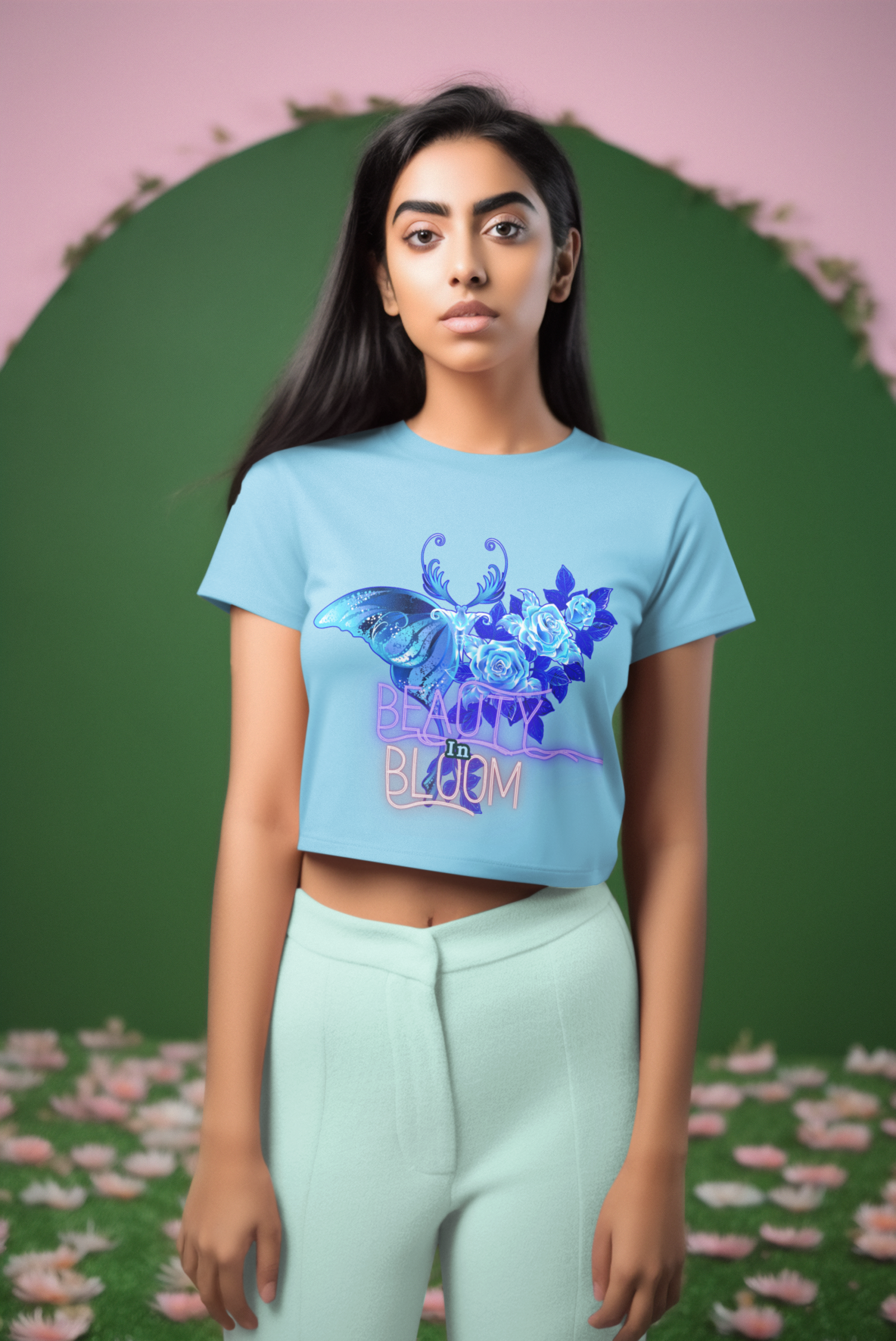 Beauty in Bloom Tee Chic Rose & Butterfly Design PodLyft SkyBlue Small – Stylish sky blue crop top with intricate butterfly and blooming rose artwork, offering a blend of beauty and sophistication. Great for casual outings and unique styling.