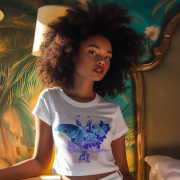 Beauty in Bloom Tee Chic Rose & Butterfly Design PodLyft White Extra Large – A chic white crop top featuring a detailed butterfly and blooming rose design, symbolizing natural beauty, transformation, and elegance.