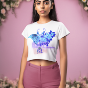 Beauty in Bloom Tee Chic Rose & Butterfly Design PodLyft White Extra Small – A graceful white crop top featuring an intricate butterfly and blooming rose design, radiating elegance and transformation.