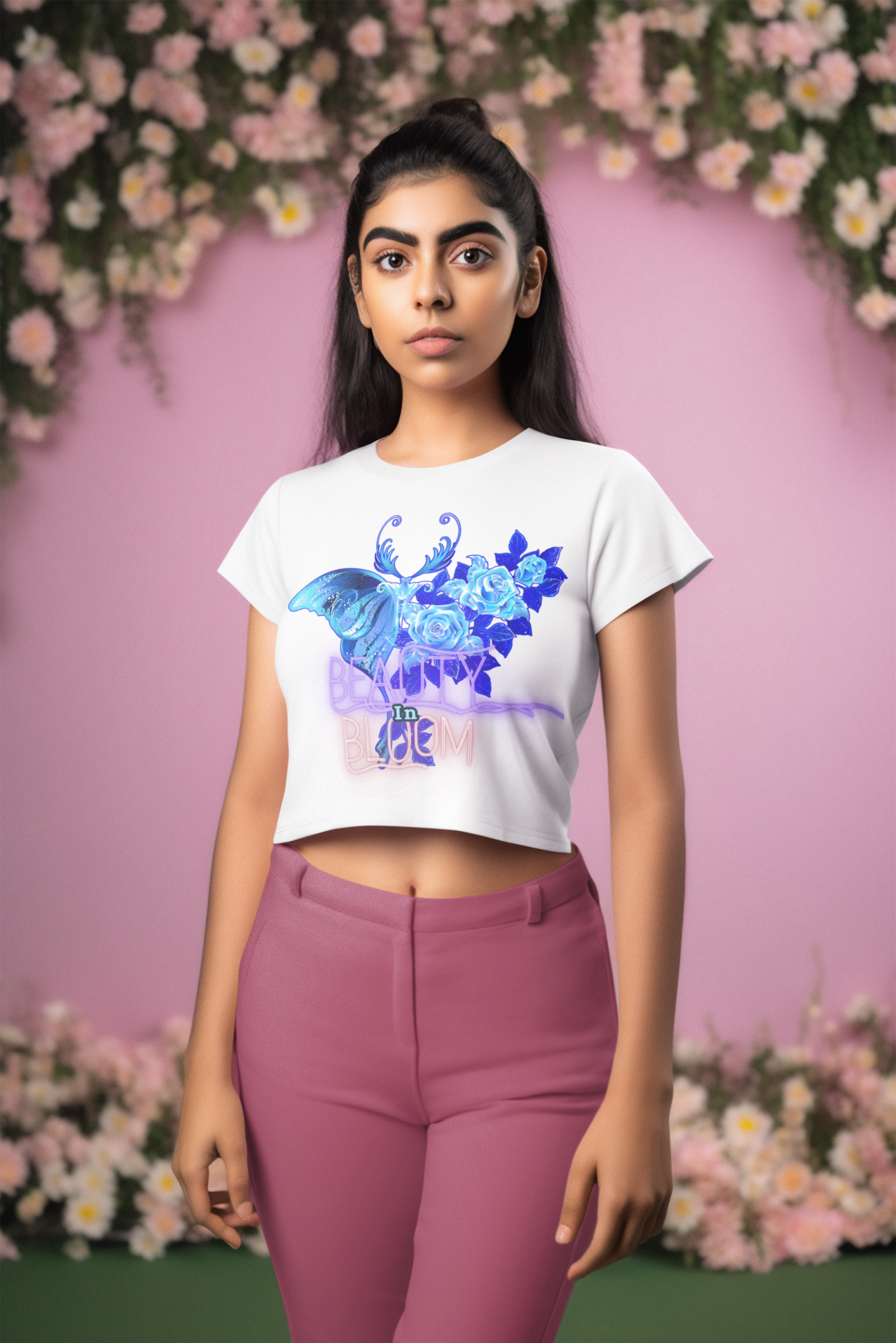 Beauty in Bloom Tee Chic Rose & Butterfly Design PodLyft White Extra Small – A graceful white crop top featuring an intricate butterfly and blooming rose design, radiating elegance and transformation.