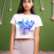 Beauty in Bloom Tee Chic Rose & Butterfly Design PodLyft White Medium – Elegant white crop top adorned with a stunning butterfly and rose design, perfect for showcasing style and sophistication.