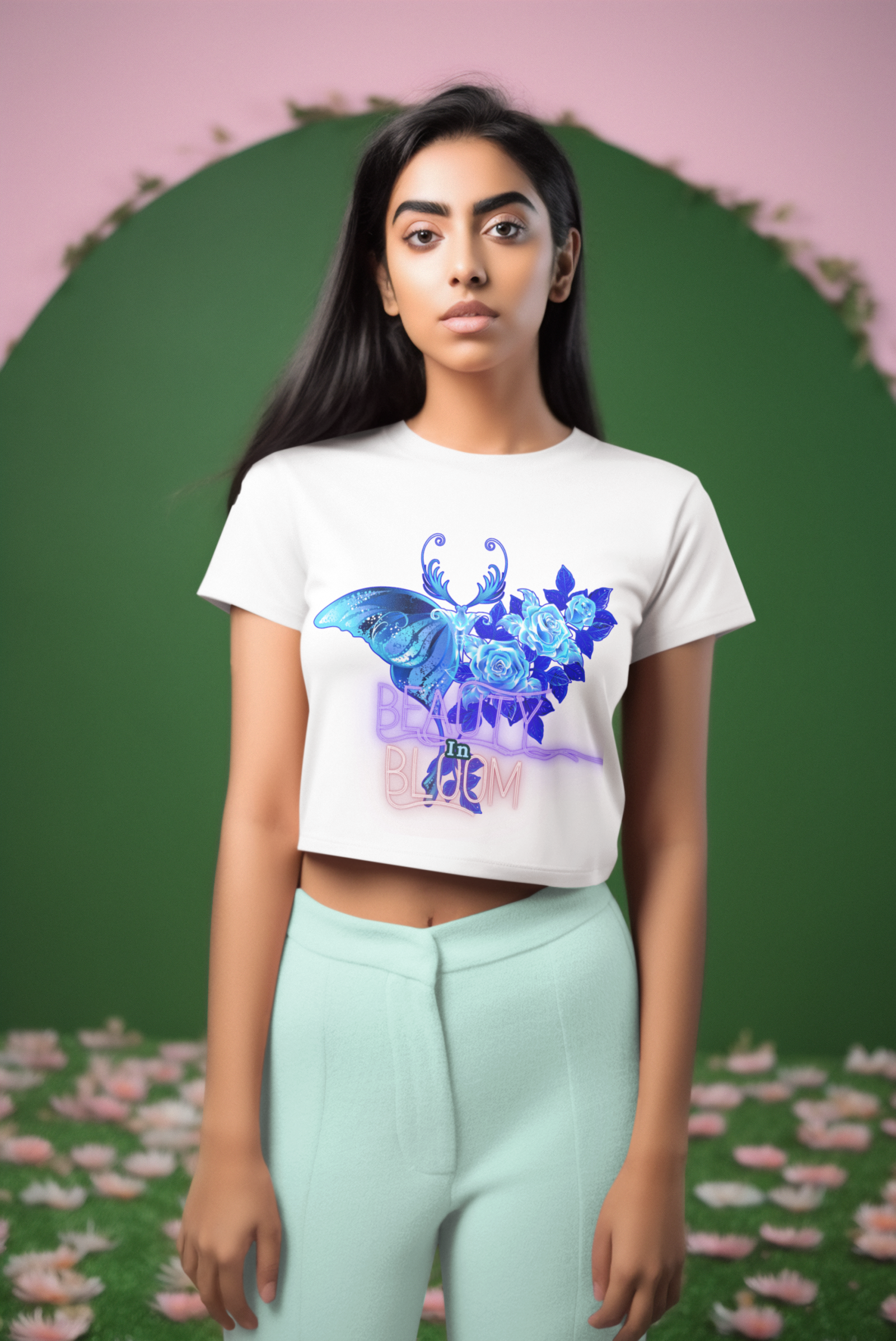 Beauty in Bloom Tee Chic Rose & Butterfly Design PodLyft White Small – Minimalist white crop top with a beautiful butterfly and floral motif, symbolizing growth and artistic charm.