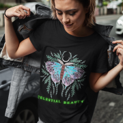 Black Celestial Beauty T-shirt (Size M) showcasing an ethereal butterfly design, blending nature and cosmic wonder for a chic style statement.