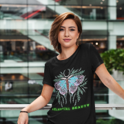 Celestial Beauty T-shirt in Black (Size S) with a stunning pastel butterfly and celestial elements, symbolizing transformation and grace.