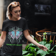 Black Celestial Beauty T-shirt (Size XL) featuring an elegant butterfly design with celestial and botanical themes, ideal for casual and chic wear.