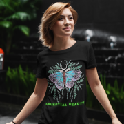 Celestial Beauty T-shirt in Black (Size XS) featuring a pastel butterfly design with celestial and botanical accents, perfect for a stylish and elegant look.