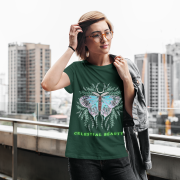 Bottle Green Celestial Beauty T-shirt (Size L) designed with a mesmerizing pastel butterfly and celestial accents, symbolizing grace and transformation.
