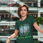Bottle Green Celestial Beauty T-shirt (Size S) adorned with a graceful butterfly motif and cosmic-inspired details for a sophisticated look.