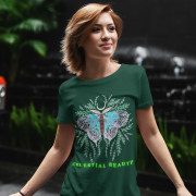Celestial Beauty T-shirt in Bottle Green (Size XS) featuring a stunning pastel butterfly design with celestial and botanical accents, perfect for nature lovers.