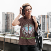 Coffee Brown Celestial Beauty T-shirt (Size L) featuring an ethereal butterfly design with celestial details, a stylish choice for nature-inspired fashion.
