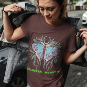 Celestial Beauty T-shirt in Coffee Brown (Size M) adorned with a beautiful butterfly design featuring celestial and botanical accents, perfect for any occasion.
