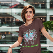 Coffee Brown Celestial Beauty T-shirt (Size S) showcasing a stunning butterfly motif with cosmic and botanical details for a unique style.