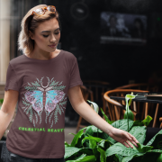 Celestial Beauty T-shirt in Coffee Brown (Size XL) with a graceful butterfly and cosmic motif, ideal for a blend of sophistication and comfort.