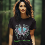 Celestial Beauty Tee - Ethereal Butterfly Design by PodLyft, featuring a pastel butterfly with celestial and botanical accents, modeled in a serene forest setting, symbolizing grace and transformation.