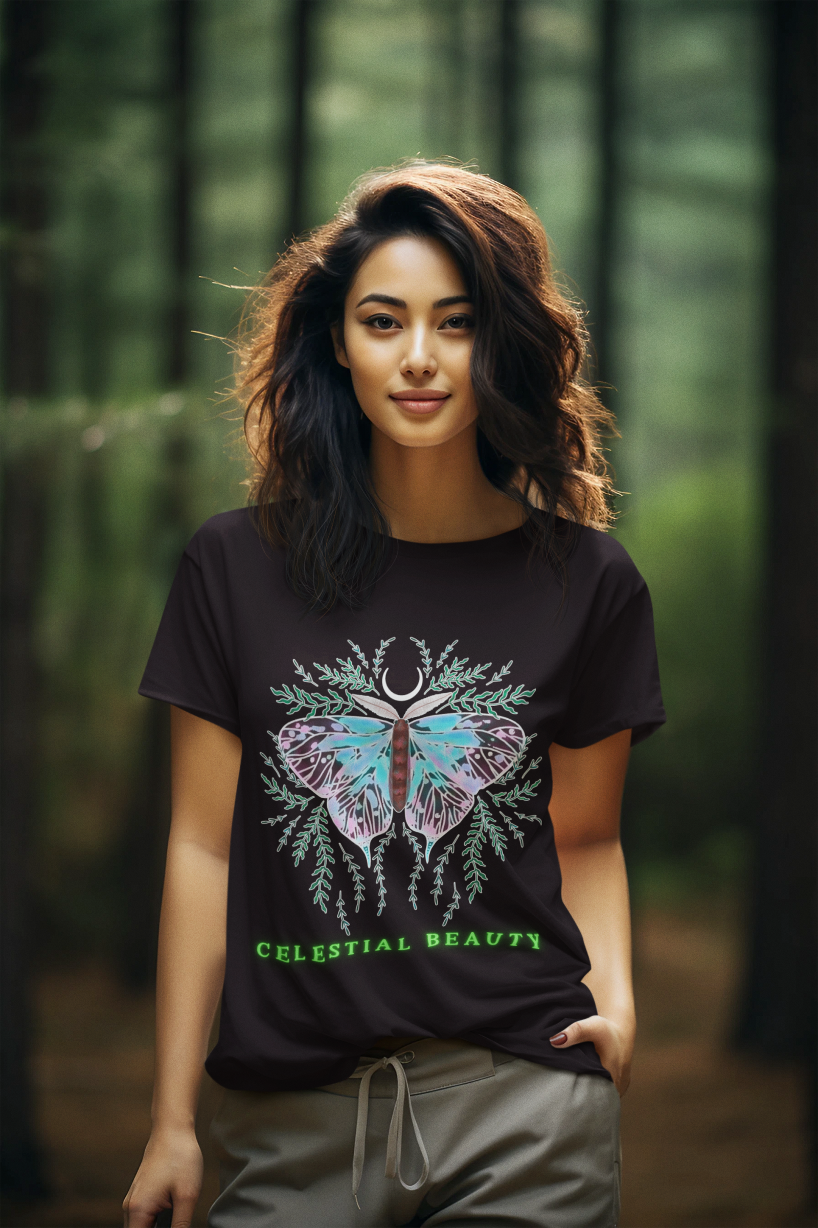 Celestial Beauty Tee - Ethereal Butterfly Design by PodLyft, featuring a pastel butterfly with celestial and botanical accents, modeled in a serene forest setting, symbolizing grace and transformation.
