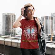 Maroon Celestial Beauty T-shirt (Size L) featuring an ethereal butterfly design with intricate celestial and botanical accents, ideal for a stylish look.