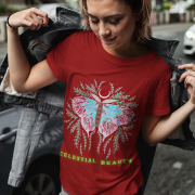 Celestial Beauty T-shirt in Maroon (Size M) adorned with a beautiful butterfly design and celestial elements, perfect for expressing grace and individuality.