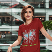 Maroon Celestial Beauty T-shirt (Size S) showcasing a stunning butterfly motif with cosmic and floral details, adding sophistication to your wardrobe.