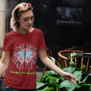 Celestial Beauty T-shirt in Maroon (Size XL) with a mesmerizing butterfly and cosmic motif, perfect for combining comfort and elegance in your outfit.